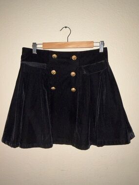 Black Velvet Circle Skirt w/ Gold Button Size L Millitary Steampunk Goth Pleated